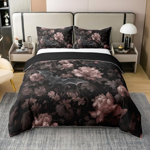 Homewish Gothic Baumwolle Bettwäsche 135x200cm Gothic Halloween Dekor bettbezug Set für Kinder,Gothic Fledermaus Schwarz Floral Bettwäscheset Vintage Victorian bettset zimmerdekor 2 teilig weich
