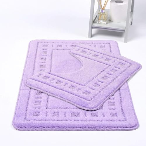 MS LINEN UK Luxury Diem Bathroom Set 2 Piece Bath Mat & Pedestal Set Non-Slip Soft Absorbent (Lilac)