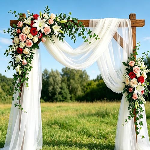 LEIMEND Hochzeitsbogenvorhang 1.6×8 m Tüllvorhang für den Hochzeitsbogen | Tüllvorhang mit 22 m Band Geeignet für Hochzeitsdekoration Fotoshootings Partys Hochzeitsbögen Sitzplatzdekoration (Weiß)