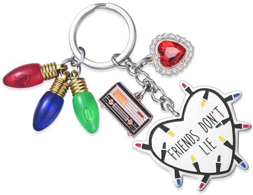 Yabgkgagnan Stranger Friendship Gifts Keychain, Friends Don't Lie Keychain,Key Ring Hoops, Retro Neon Light & Dazzling Heart Charm Metal Keyring Clips,for Friend Girls Boys, Car/Bag Keychain