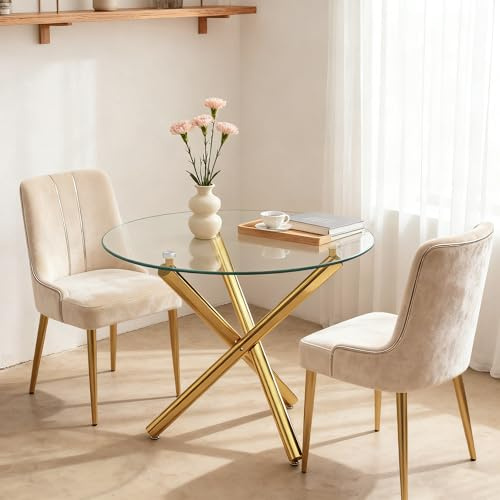 phosir Rundglastisch 80x80 cm aus Sicherheitsglas mit höhenverstellbaren goldenen Metallbeinen als kompakter Esstisch, Küchentisch, Couchtisch oder Balkontisch für 2-4 Personen