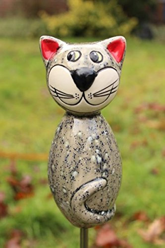 Manufaktur Lichtbogen Katze aus Keramik - hellgrau – ca. 17 cm hoch – Gartenstecker