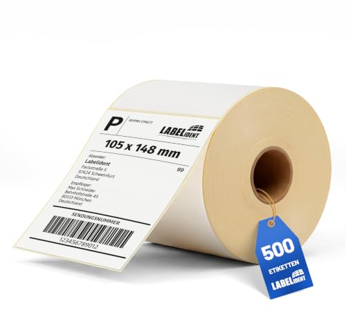 Labelident Versandetiketten 105 x 148 mm - 500 Thermoetiketten auf Rolle | Stark selbstklebende Thermodirekt-Labels für DHL, DPD, FedEx, GLS, Hermes, UPS, Zebra