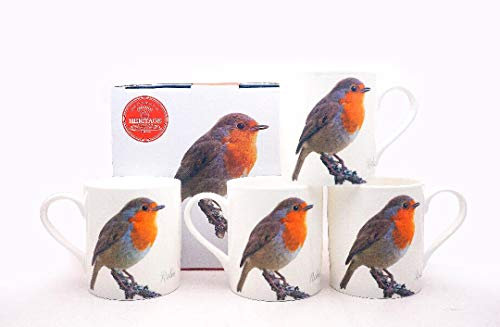 FINE Bone China Set of 4 Mugs Gift Boxed Christmas Robins Mugs Free UK DELIVERY