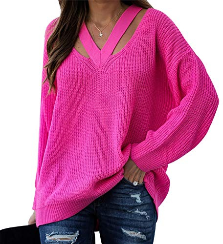 Gros Pull Grosse Maille Femme Oversize Pull Tricot Col V Femme Pullover Pulls Femmes Chandail Femme Sweater Ample Pull Over Tricoté Grande Taille Femme Long Pull Tunique Femme Manche Longue Epais