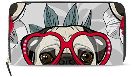 Rootti Damen-Portemonnaie mit Mops-Motiv, lang, PU-Leder, mit Reißverschluss, für Münzen, Bargeld, Handy, Clutch, Tasche für mehrere Karten