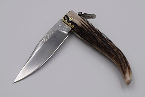 Navaja Clásica punta de ciervo artesanal de Albacete de José Antonio Herreros con hoja de acero 440c de 8,5 cm y empuñadura de ciervo. Caza, pesca, supervivencia, artesana Albaceteña