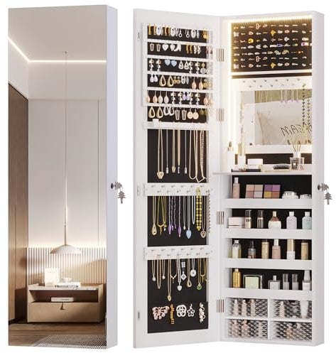 Vlsrka LED Schmuckschrank Hängend, Türspiegel/Wandspiegel mit schmuckschrank, Schmuckschrank mit Spiegel Abschließbarer, Schmuckspielgelschrank mit 3 Farben Licht, Spiegelschrank mit Beleuchtung, Weiß