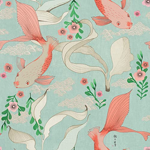 Rasch Tapeten 539837 mit Koi-Karpfen in Rosé auf hellblauen Hintergrund mit leichter, textiler Struktur aus der Kollektion Amazing – 10,05m x 53cm (L x B)