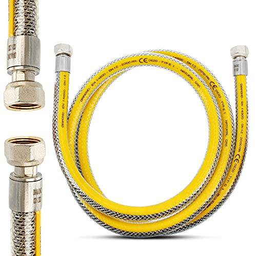 FLEX Flexibler Gasschlauch 2 m Propangasschlauch Butangasschlauch mit 1/2 x 1/2 Zoll Innengewinde DN 12 aus Edelstahl & PVC | Butan Propan Schlauch EN 14800 Gasanschlussschlauch Camping Küche