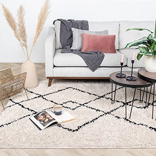 FRAAI | Home & Living Teppich Hochflor - Sensa Pair Creme Schwarz - Kariert, Gestreift, Shaggy - Modern, Skandinavisch - Wohnzimmer, Esszimmer, Schlafzimmer - Fellteppich - Carpet