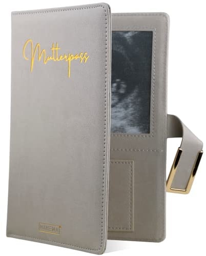 MAHEWA® Mutterpasshülle aus Lederimitat - Schutzhülle für den Deutschen Mutterpass mit Fächern für Ultraschallbilder und Dokumente - Organizer in Leder-Optik (Grau - Mutterpass)