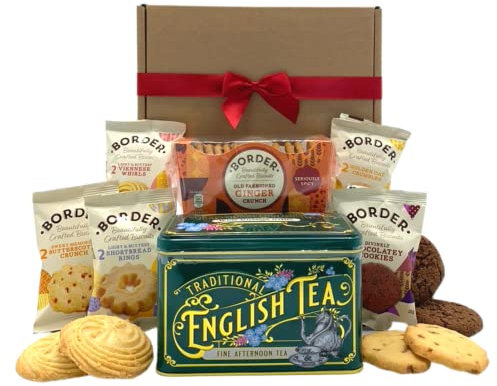 Border Biscuits Gift Set Afternoon Tea Hamper with Border Ginger Crunch 135g, English Afternoon Teabags in a Luxury Tin (40 Teabags) and x10 Border Biscuits - The Perfect Tea and Biscuits Gift Set