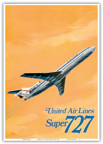 Boeing Super 727 Jet Airplane – United Airlines – Vintage Airline Travel Poster von C. Bail c.1969 – Master Art Print 25,4 x 35,6 cm