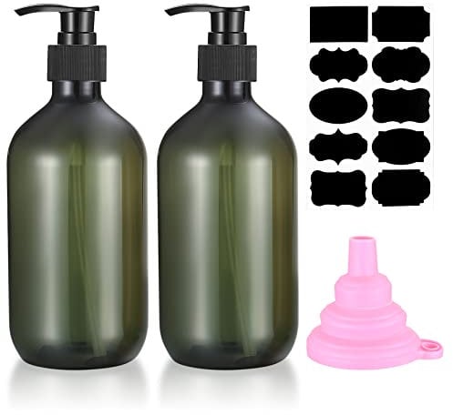 2 Stück 500 ml Shampoo Flaschen zum Befüllen, Duschgel Flasche, Leere nachfüllbare Pumpflaschen, Seifenspender Kunststoff für Lotionen Shampoos, mit Trichter, Etiketten (Grün)