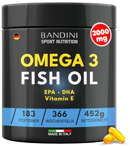 Bandini® Omega 3 Olio di Pesce 2000mg | 366 Capsule Molli (6 mesi) ad Alto Dosaggio - 600mg Acidi Grassi Essenziali EPA e DHA in forma di trigliceridi bioattivi | Omega-3 Softgels - Senza retrogusto