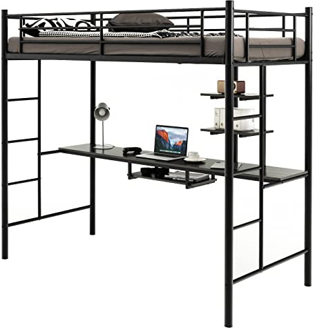 COSTWAY Metal Bunk Bed with Desk, Shelves and Safety Guardrail, 2 Ladders Loft Bed Frame, Home Bedroom Dormitory Space-Saving Single High Sleeper for Kids, Teens and Adults (Black)