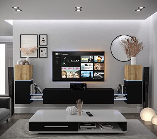 Furnitech Wohnwand Wohnzimmer | Wohnzimmer Möbel mit LED Blau | Hängend Wohnwand Modern | Wohnzimmer Schrankwand mit Regale und TV Schrank (AN104-21DZB-M9 1C)