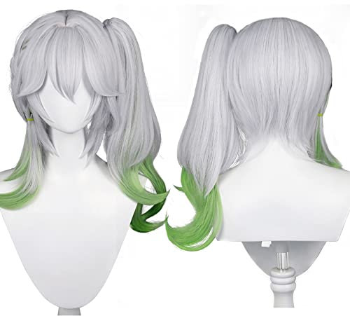 Cosplay-Perücke für Sumeru Anime-Perücken, langes, welliges graues und grünes Übergangshaar aus synthetischem Stoff mit Perückenhaube für Comic Con, Cosplay-Shows, Halloween