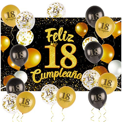 Decoración 18 Cumpleaños Pancarta Grande Feliz 18 Cumpleaños Español + 15pcs Globos Photocall 18 años Fiesta Cartel Oro Negro