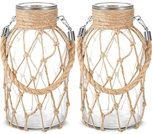 Set of 2 Rope Net Dry Flower Glass Vase 7.9 x 4 Inches Wicker Farmhouse Vase Coastal Decor for Wedding Tables Home Rustic Hanging Mason Jar Rope Wrapping Decorative Bottles Nautical Decor