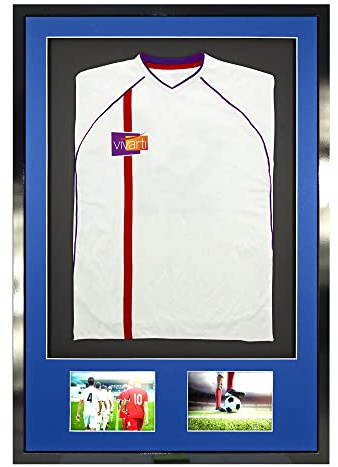 Vivarti DIY Erwachsene 3D Mounted + Double Aperture Sport Shirt Display Frame for Football Shirt Shadow Box -61 x 91,5 cm - Glänzender schwarzer Rahmen, blaues Passepartout, Schwarze Rückseite Karte