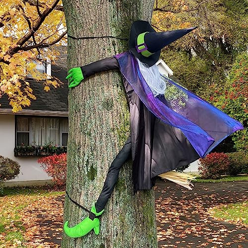 POPGIFTU Halloween Deko Outdoor, 163CM großem Halloween Hexe Kracht Gegen Baum Halloween Dekoration, Halloween Hägende Deko, Halloween Hexe Deko, für Vorgarten Patio Veranda Garten Party Dekor