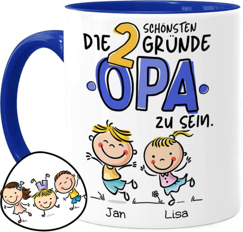 Tassenliebling® Grandpa Tasse personalisiert mit 1-3 Enkelkindern - Die schönsten Gründe Grandpa zu sein - Blau - Geschenk für Opa zum Geburtstag - Geburtstagsgeschenk