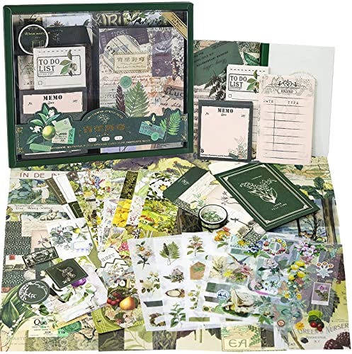 Irayin Vintage Scrapbook Zubehör Set, 125 Stück Bullet Journal Zubehör Set mit A6 Raster Notizbuch, Scrapbook Stickers, Reisebuch Geschenkset, DIY Geschenk fürMädchen Damen (Grün)
