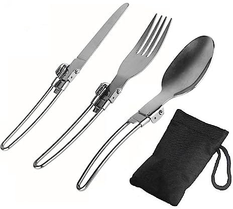 Juego de 3 cubiertos plegables NUZAMAS Herramientas de camping Juego de cuchillos y tenedores de acero inoxidable con bolsa de viaje de mochila de camping al aire libre
