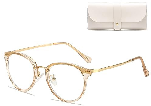 Cleoxyge Blaulichtfilter Brille Ohne Sehstärke für Damen-Herren,Metallrahmen Anti Blaulicht UV400-Schutz PC Gaming Mit Brillenetuis und Brillenputztuch (C005 - Champagner Metallgestell)