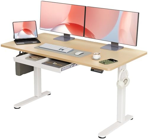 Claiks Höhenverstellbarer Schreibtisch 140x60cm mit Schublade, 80kg Tragkraft Elektrisch Schreibtisch Höhenverstellbar mit 3-Funktions-Memory und 2 Kopfhörerhaken, Standing Desk with Drawer, Beige