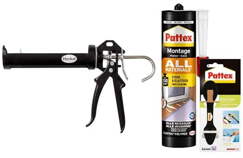 Pattex Montagekleber All Materials, stark haftender Kraftkleber für saugende und nichtsaugende Materialien (1x 450g) & Pattex Profi Metall Kartuschenpistole & Glätt-Cutter