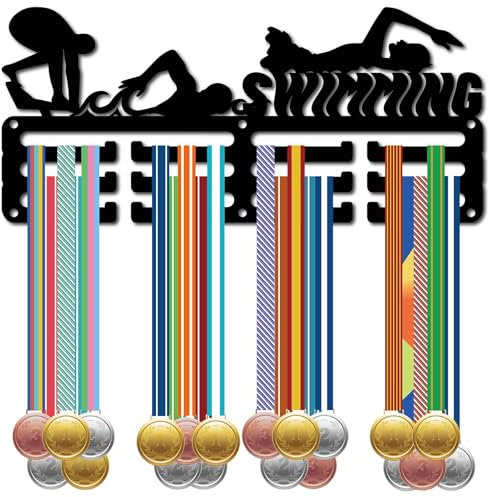 CREATCABIN Porta Medaglie da Nuoto Display Porta Medaglie Appendiabiti Sport Metallo Premi da Appendere Ferro Supporto Piccolo Decorazione Premi per Parete Casa Badge Gara Ginnastica Nuoto 29x13cm