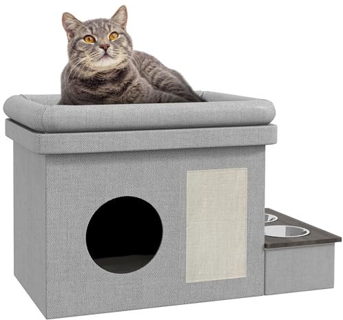 PawHut Katzenhöhle, Katzenhaus, Katzenhütte mit 2 Edelstahlnäpfen, Katzenbett mit Kissen, Kratzmatte, Hundehaus für Katzen und Hunde bis 8 kg, Polyester, 78 x 48 x 49,5 cm, Grau