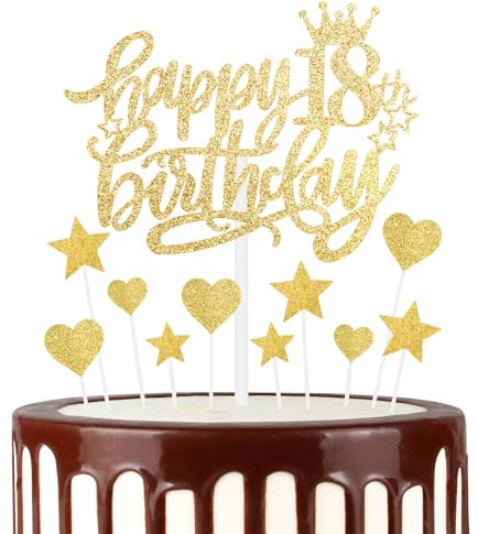 mciskin Happy 18th Birthday Cake Toppers - Gold Glitter Heart Stars for Girls' Birthday Cake Decorations