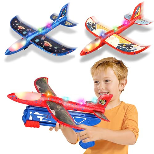 Flugzeug Spielzeug Kinder, 3 Stück LED Styroporflieger Wurfgleiter mit Katapult Pistole, Spiele Draußen Kinderspielzeug Garten Ostern Geburtstagsgeschenk für Junge Mädchen ab 3 4 5 6 7 8 9 10+ Jahre
