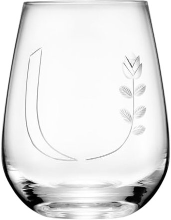 Alterf Artisanal Hand-Cut Crystal Wine Glasses 16 Oz - Monogram Stemless Wine Glasses with Engraved Initials(Letter U), Lead-Free Glassware Gift for Wine Lovers