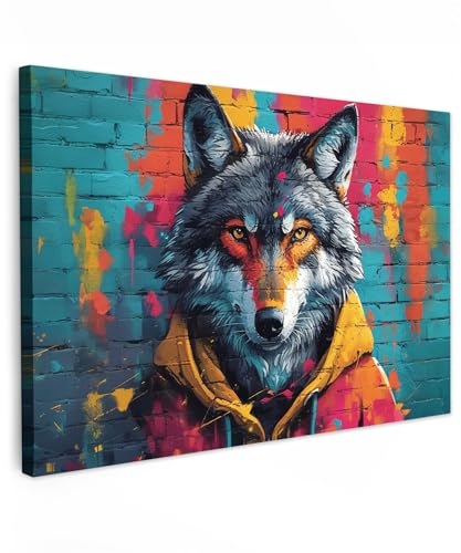 MuchoWow© Leinwände Wall Decoration Bilder für die Wand Schlafzimmer Deko | 90x60 cm - Pictures Canvas Painting Wanddekoration Wohnzimmer Graffiti - Wolf - Street Art - Wilde Tiere