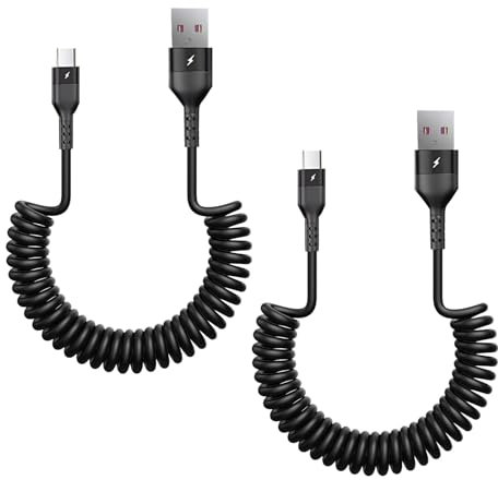 2 PCS Coiled USB C Cable for Car, Retractable 5A Type C Phone Charger Cables 100W Fast Charger for Samsung Galaxy S25 S24 Ultra S23 FE S22 S21 S20 S10 A55, iPhone 16 15, OnePlus Switch PS5