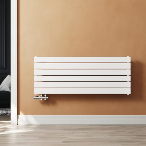 SUNXURY Radiador de panel de diseño, 465 x 1200 mm, horizontal, de una sola capa, calefacción con cromo, multibloque, conexión lateral, blanco, radiador de baño