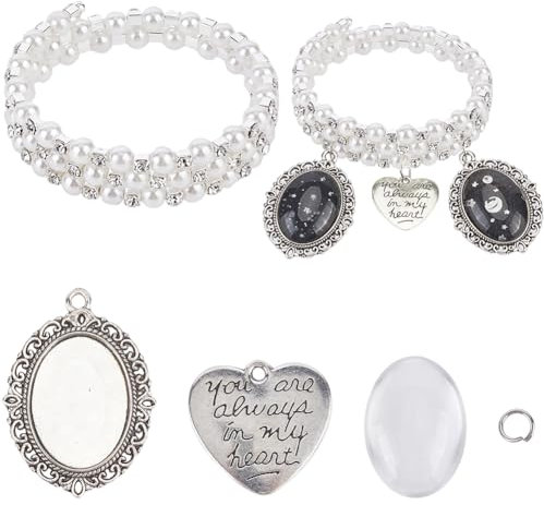 SUNNYCLUE 1 Schachtel Silberner Blumenstrauß Bildanhänger Hochzeits Gedenkanhänger Personalisiertes Herzfoto Ovaler Cabochon Mit Perlen Strasssteinen Anhänger Set Für Hochzeit Braut Bräutigam Party Ge