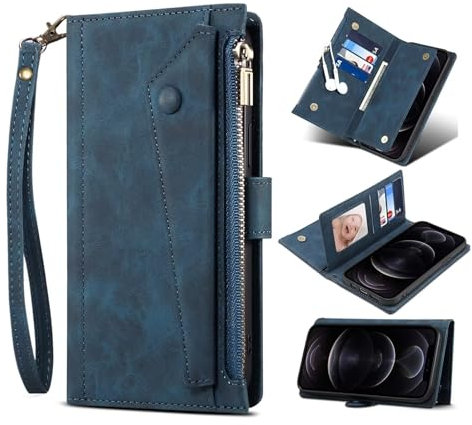 Czhwsm Compatible con Xiaomi Redmi Note 10S Funda de Piel sintética con Tapa Soporte Correa de muñeca Ranuras para Tarjetas Protectora Caso+2X Cristal Templado-Azul