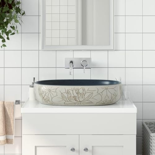 ShGaxin Lavabo sobre encimera Ovalado cerámica Arena y Azul 59x40x14 cm, Fregadero, Lavabo Baño, Lavamanos Baño, Lavatorio Casa De Banho, Mueble Lavabo sobre Encimera - 155099