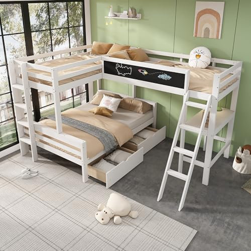 Zravenna Dreier Hochbett Kinderbett 140x200cm+90x200cm mit Schreibtisch und Regal, Etagenbett für 3 Kinder mit Schubladen und Leitern, Kiefernholz, Weiß+Oak