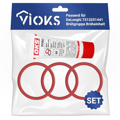 VIOKS Pflegeset 3x O Ring Dichtung 43mmØ + 10g Silikonfett Ersatz für DeLоnghi 5332149100 - Dichtungsringe Set + Schmierfett Tube für EAM ECAM ESAM Kaffeemaschine/O Ringe DeLоnghi Kaffeevollautomat