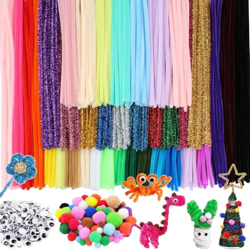 QTUN 400 Stück Pfeifenputzer zum Basteln 37 Farben Pfeifenreiniger Flexibel Chenilledraht Pfeiffendraht Bunt mit 100 Wackelaugen & 100 Pompons für Kreative DIY-Projekte und Basteldeko (30cm x 7mm)
