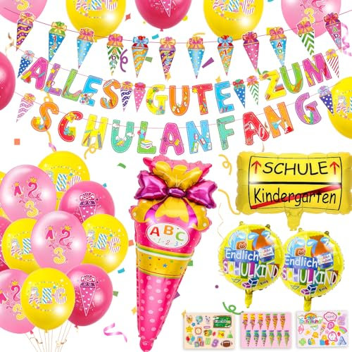 Einschulung Deko Mädchen, Schulkind 2025 Schuleinführung Schulanfang Deko Set mit ALLES GUTE ZUM SCHULANFANG Girlande + Schultüte Zuckertüte Banner + SCHULKIND Folienballon, 18 Luftballon, 3 Aufkleber