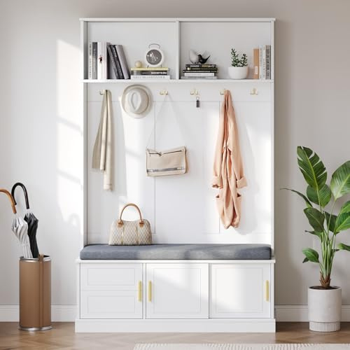 PUGSDRLY Meuble D’Entree,Porte Manteau avec Banc à Coussin Souple,Rangement Chaussure,6 Crochets à 2 Directions et Étagère Ouverte,Vestiaire D'entrée pour Couloir,Chambre(G-Blanc)