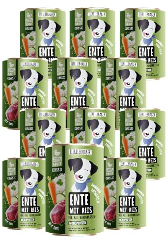 Hundefutter Nass 400g Ente & Reis – Hunde Nassfutter 12x400g Dog Food | Tierärztlich entwickeltes Nassfutter für Hunde mit 91% Fleischanteil – Hunde Futter leicht verdaulich von TIERLIEBHABER